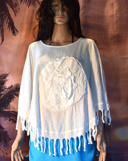 New Cottonways 100% Cotton Gauze Fringe Boho Poncho Top or Beach Cover-Up with Flower Applique