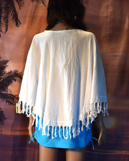 New Cottonways 100% Cotton Gauze Fringe Boho Poncho Top or Beach Cover-Up with Flower Applique