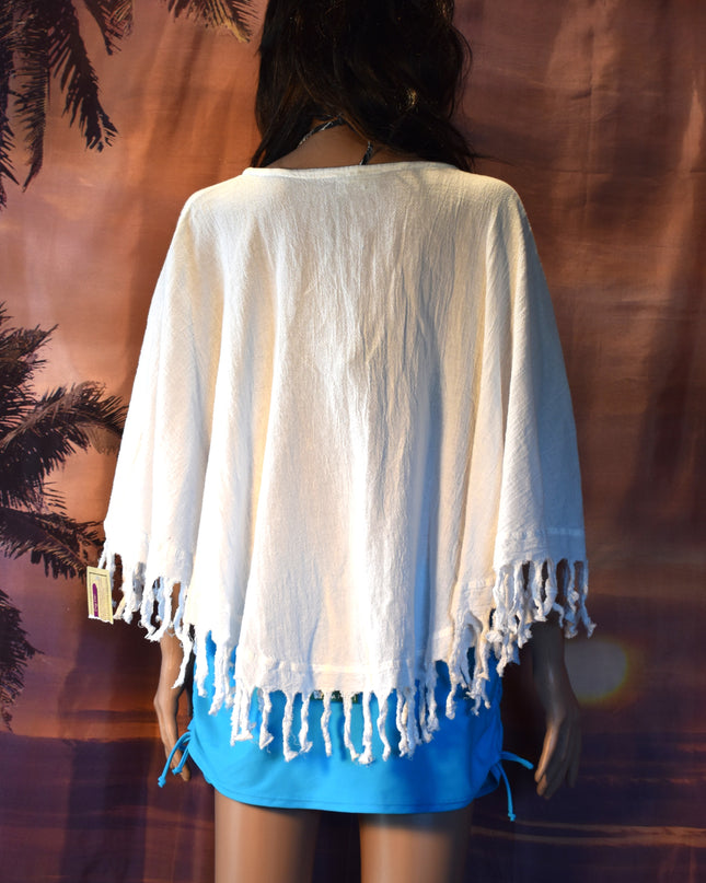 New Cottonways 100% Cotton Gauze Fringe Boho Poncho Top or Beach Cover-Up with Flower Applique