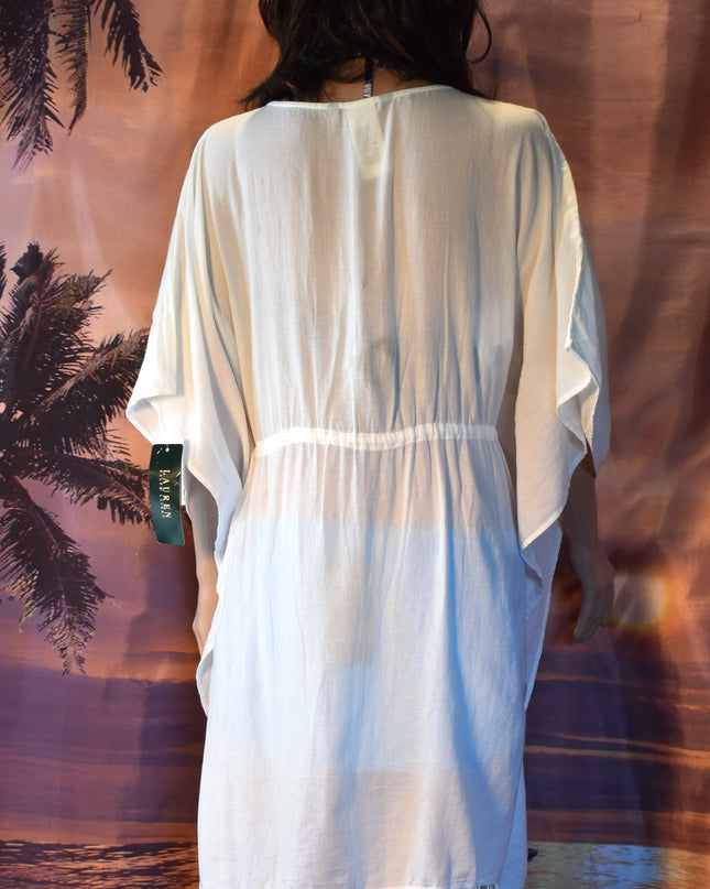 New Ralph Lauren White Cotton Gauze Drawstring Kaftan Beach Swimsuit Cover-Up