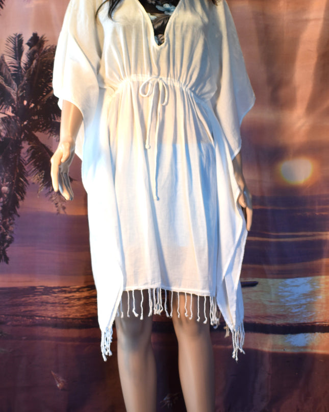 New Ralph Lauren White Cotton Gauze Drawstring Kaftan Beach Swimsuit Cover-Up