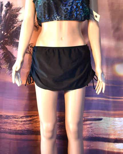 New Hapari UPF 50+ Two-Piece Black & Blue Leopard Sport Midkini Athletic Crop Tankini Top & Black Cinch Swim Skirt with Built-in-Brief