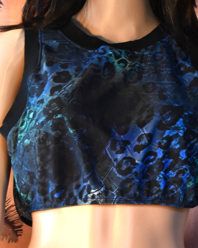 New Hapari UPF 50+ Two-Piece Black & Blue Leopard Sport Midkini Athletic Crop Tankini Top & Black Cinch Swim Skirt with Built-in-Brief