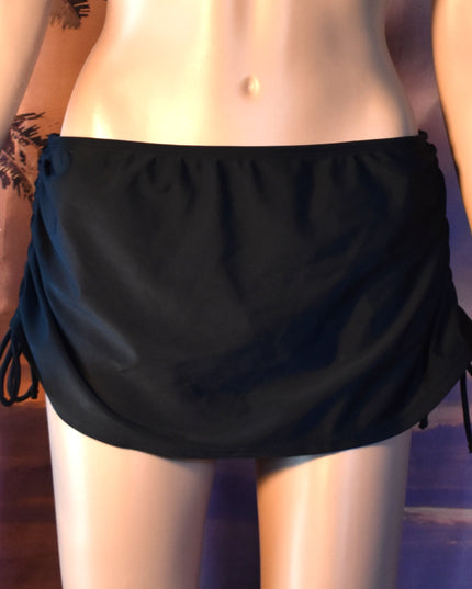 New Hapari UPF 50+ Two-Piece Black & Blue Leopard Sport Midkini Athletic Crop Tankini Top & Black Cinch Swim Skirt with Built-in-Brief