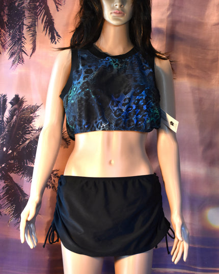New Hapari UPF 50+ Two-Piece Black & Blue Leopard Sport Midkini Athletic Crop Tankini Top & Black Cinch Swim Skirt with Built-in-Brief
