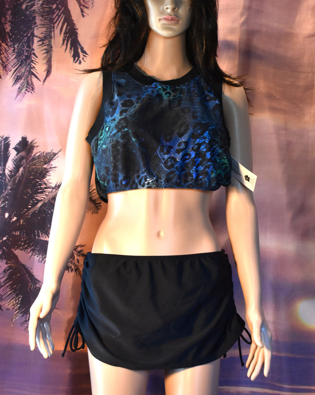New Hapari UPF 50+ Two-Piece Black & Blue Leopard Sport Midkini Athletic Crop Tankini Top & Black Cinch Swim Skirt with Built-in-Brief