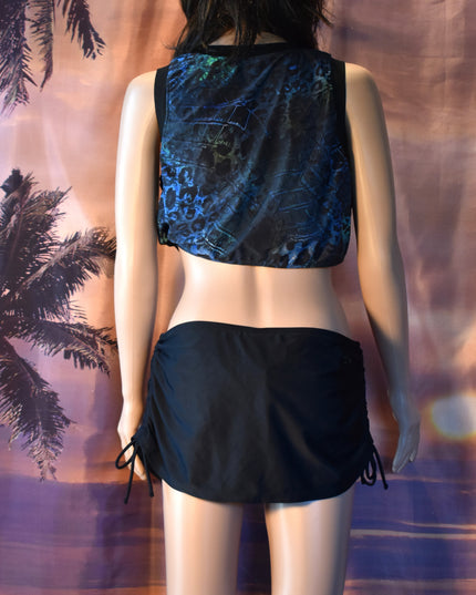New Hapari UPF 50+ Two-Piece Black & Blue Leopard Sport Midkini Athletic Crop Tankini Top & Black Cinch Swim Skirt with Built-in-Brief
