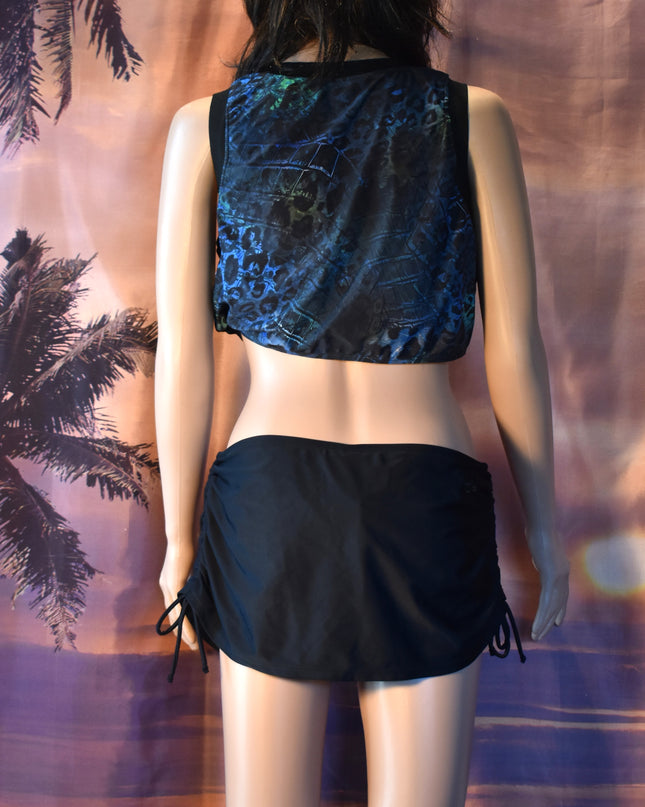 New Hapari UPF 50+ Two-Piece Black & Blue Leopard Sport Midkini Athletic Crop Tankini Top & Black Cinch Swim Skirt with Built-in-Brief