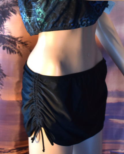 New Hapari UPF 50+ Two-Piece Black & Blue Leopard Sport Midkini Athletic Crop Tankini Top & Black Cinch Swim Skirt with Built-in-Brief