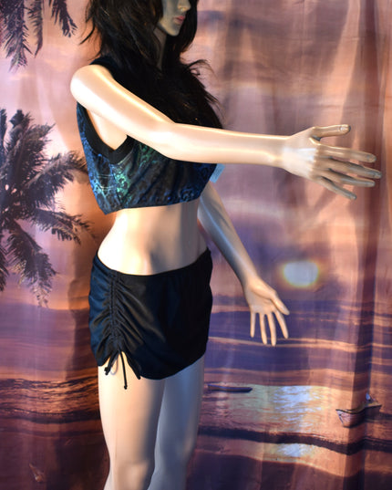 New Hapari UPF 50+ Two-Piece Black & Blue Leopard Sport Midkini Athletic Crop Tankini Top & Black Cinch Swim Skirt with Built-in-Brief