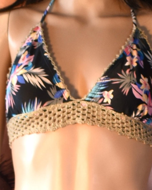 Ninety --Nine Degrees Two-Piece Triangle Tropical Floral Bikini with Crochet Trim