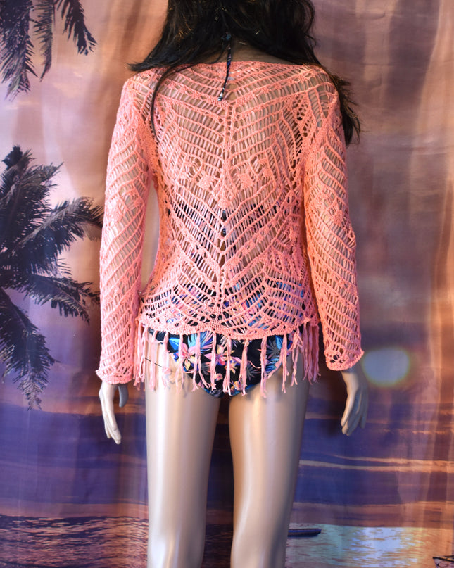 Xceleration Coral Colored Open-Knit Boho Long Sleeve Beach Cover-Up with Fringe
