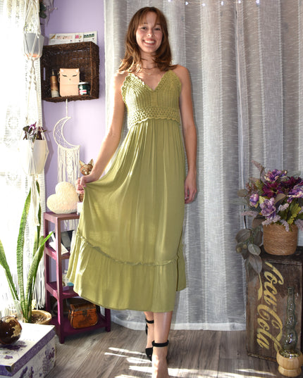 New Hint of Blush Green Crochet Top Long Boho Maxi Sundress