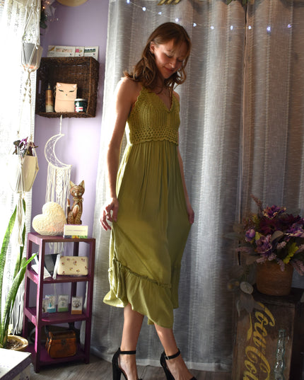 New Hint of Blush Green Crochet Top Long Boho Maxi Sundress