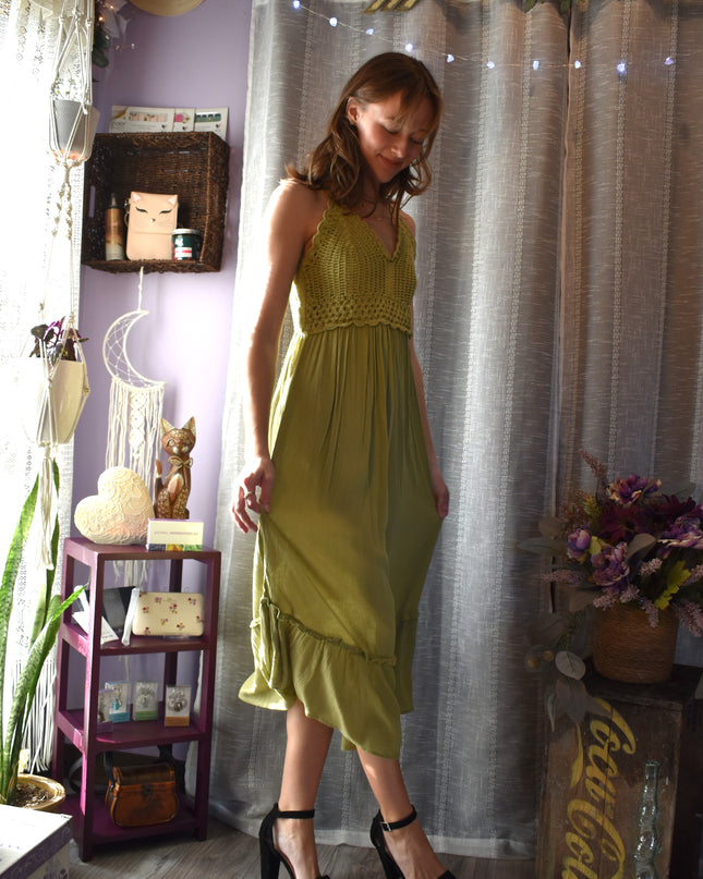 New Hint of Blush Green Crochet Top Long Boho Maxi Sundress