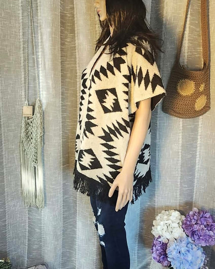 Mudd Women's Southwestern Tribal Open Front Fringe Cardigan Sweater – Black & Cream