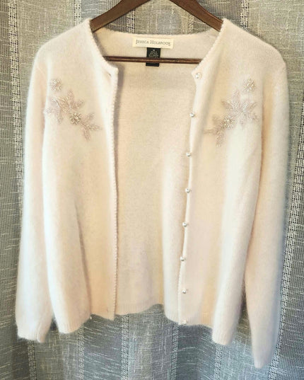 Vintage Jessica Holbrook Pastel Pink Fuzzy Angora Lambswool Pearl Button Cardigan - EUC - Size M
