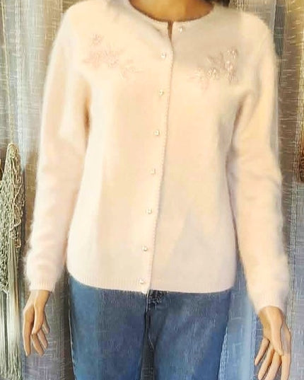 Vintage Jessica Holbrook Pastel Pink Fuzzy Angora Lambswool Pearl Button Cardigan - EUC - Size M