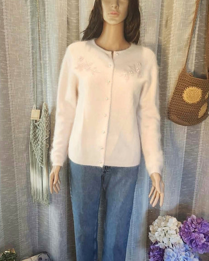 Vintage Jessica Holbrook Pastel Pink Fuzzy Angora Lambswool Pearl Button Cardigan - EUC - Size M
