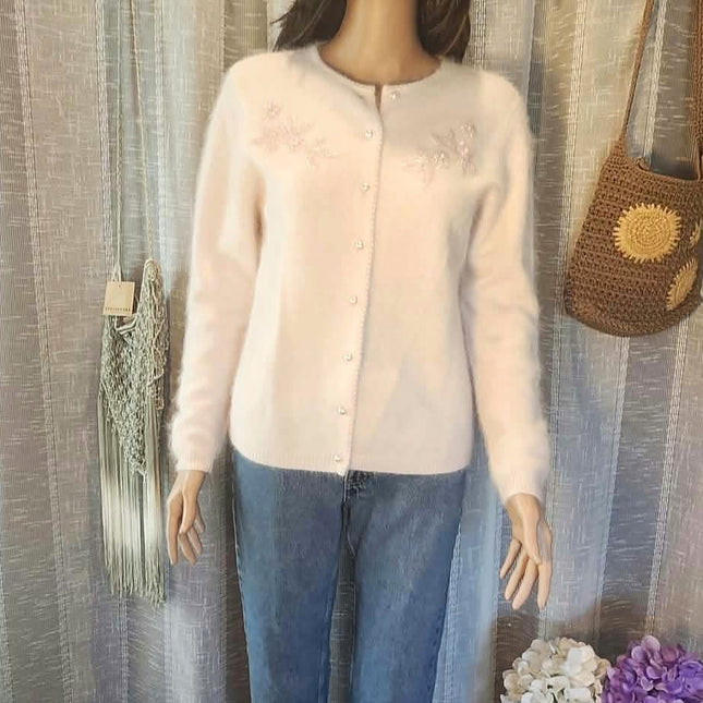 Vintage Jessica Holbrook Pastel Pink Fuzzy Angora Lambswool Pearl Button Cardigan - EUC - Size M